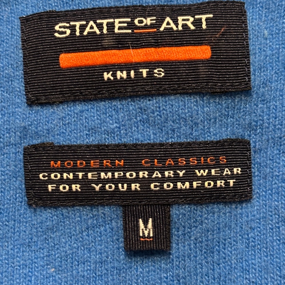 State of Art Men’s Pure Wool Sweater Size M Gray Blue Trim St. Moritz Patch - Picture 8 of 11